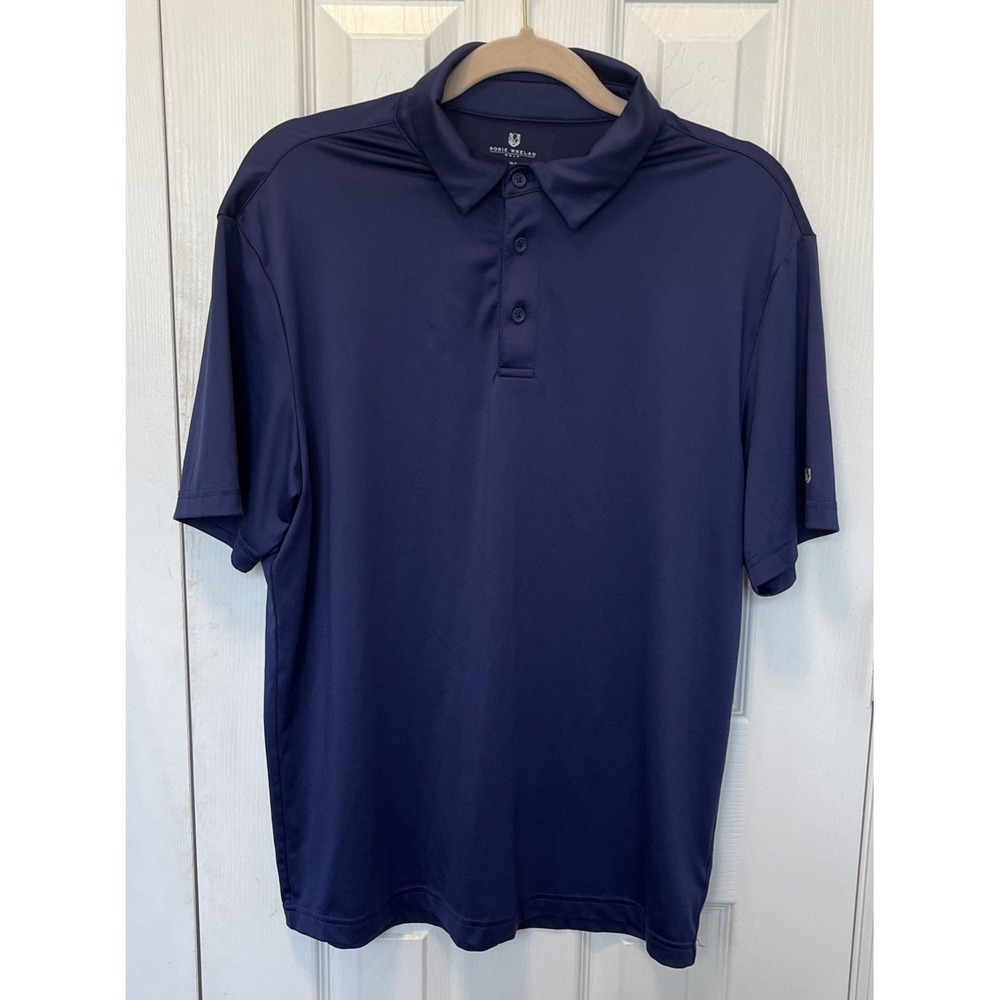 Rorie Whelan Shirt Men's M Short Sleeve Navy Blue Golf Polo Collar Stretch EUC